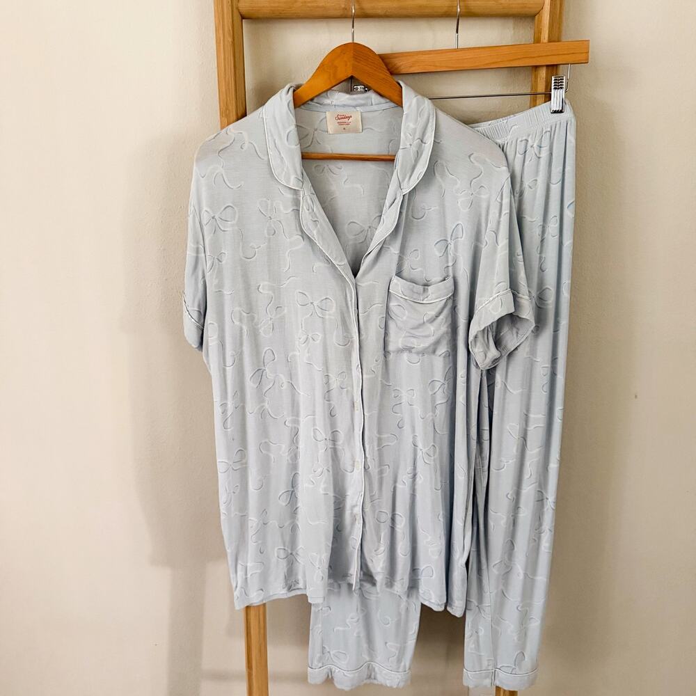In My Sundays Heirloom Bows Sky Blue Pajama Set XL Tencel Button Front Lounge - Picture 2 of 15